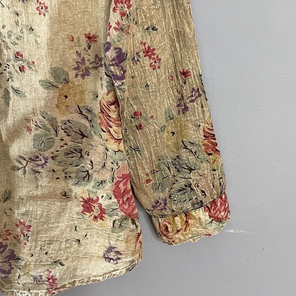 Vintage Joa Women Long Sleeve Semi Sheer Embroidered Floral Blouse SMALL Tan Red - Picture 3 of 12